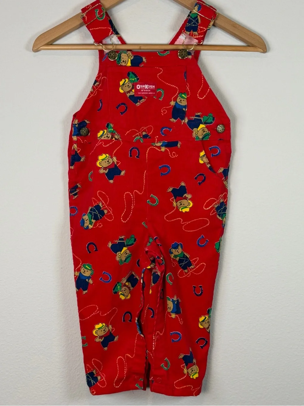 Vintage OshKosh B’gosh VESTBAK Overalls Cowboys Bears Red 2T Months USA Made